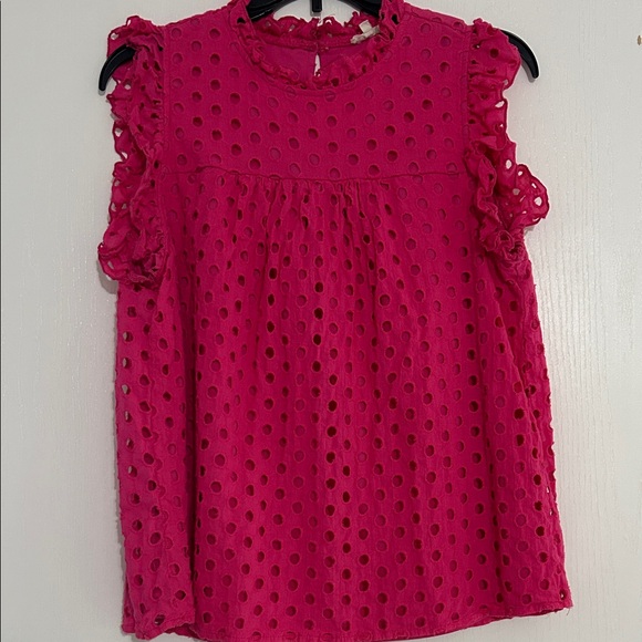 JODIFL Tops - JODIFL Pink Eyelet Ruffle Blouse